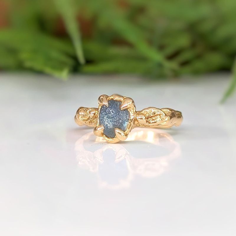 Raw Montana Sapphire engagement ring in Solid 14k Gold