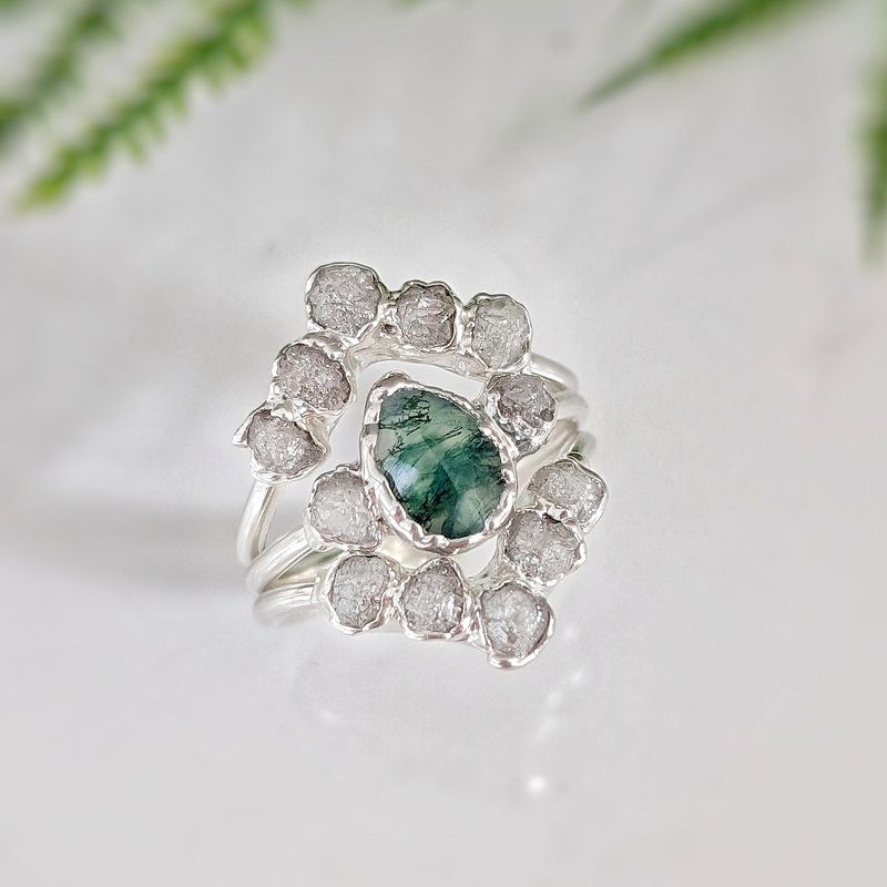 Moss Agate and raw diamond bridal ring set