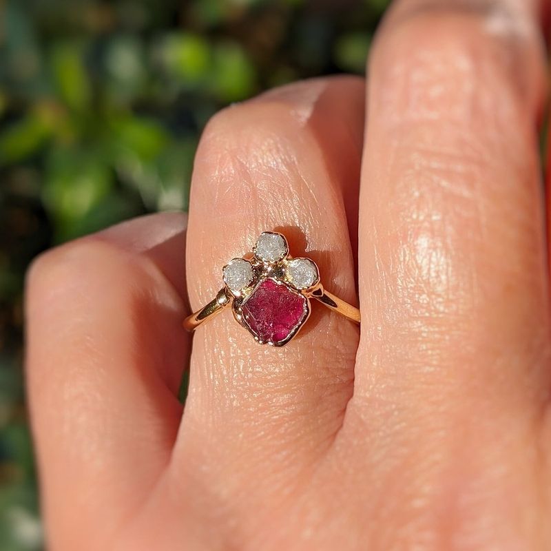 Raw Diamond and Pink Spinel Chevron Engagement Ring