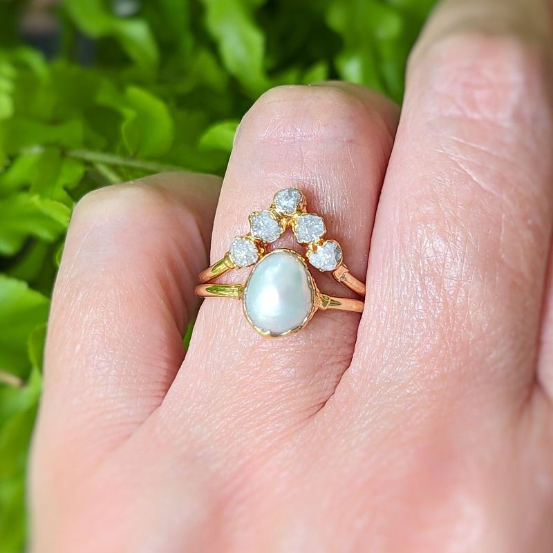Freshwater Pearl & Raw Diamond Chevron wedding ring set in Solid 14k Gold