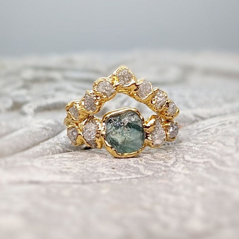 Raw Montana Sapphire and diamond bridal ring set