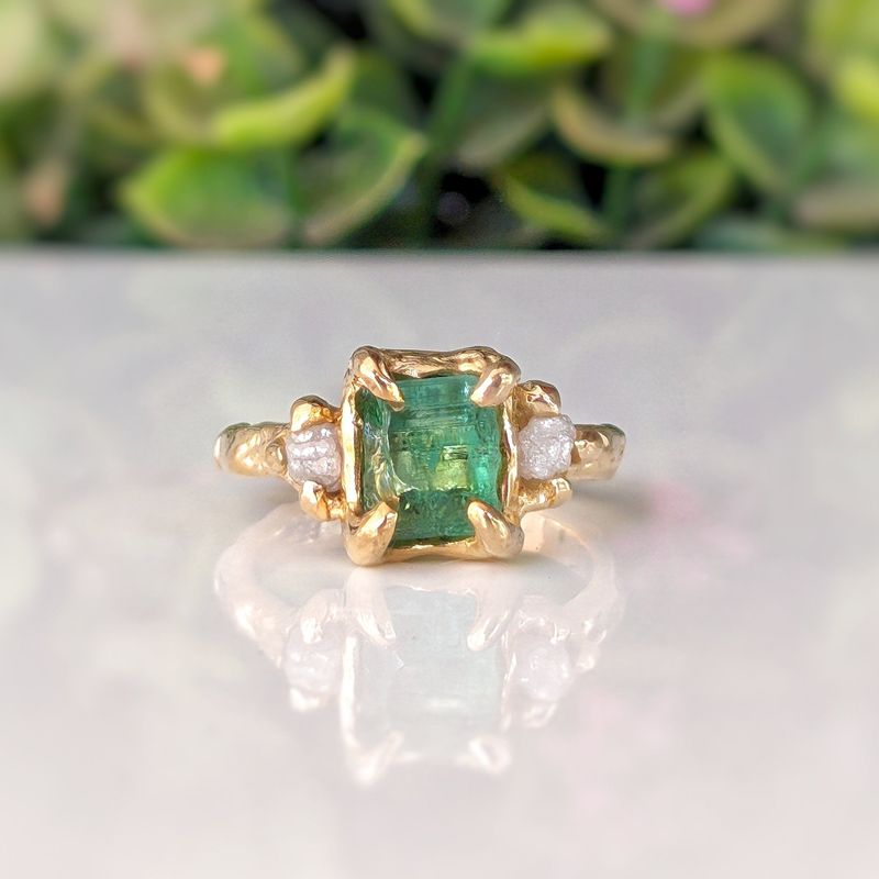 Raw Emerald and diamond engagement ring in Solid Sterling Silver