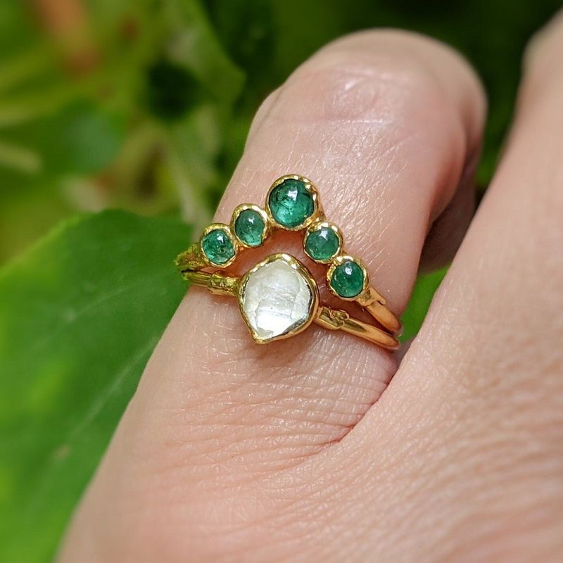 Emerald and Herkimer diamond wedding ring set