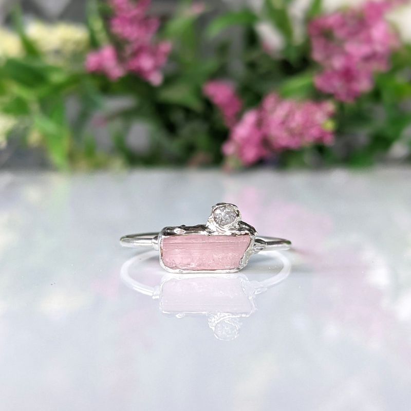 Raw pink tourmaline and rough diamond ring