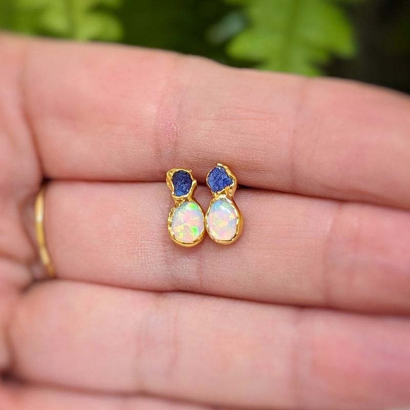 Raw Sapphire and Opal stud earrings