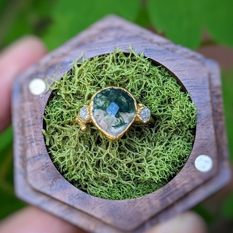 Moss Agate and raw diamond Gold Twig ring