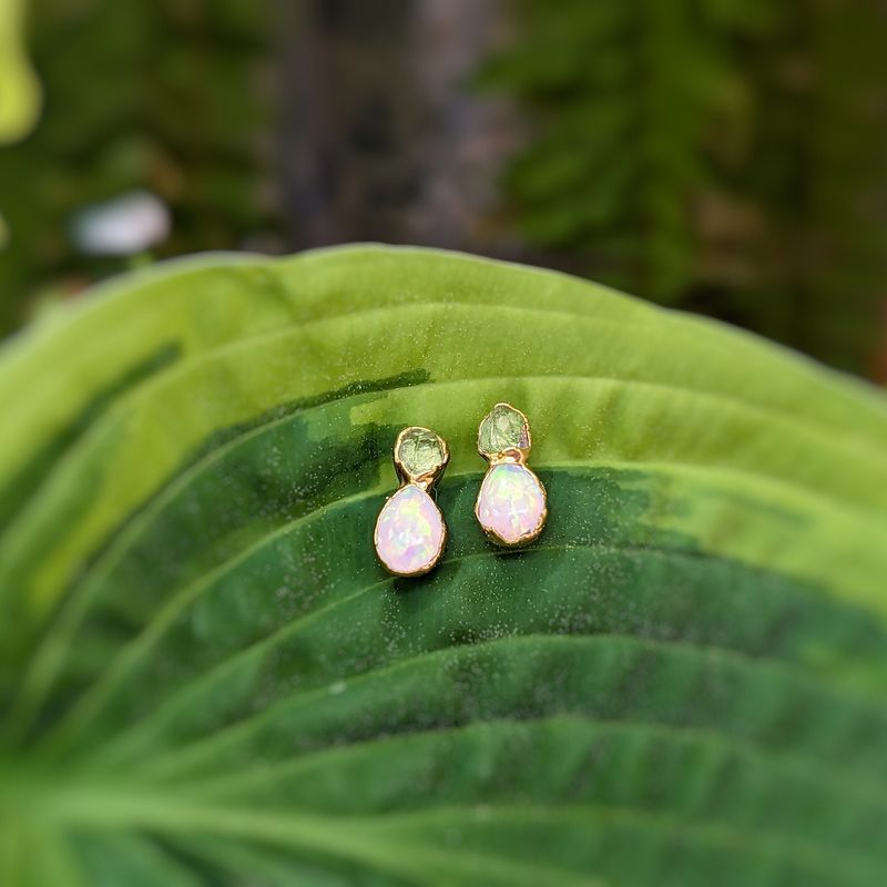 Raw Peridot and Opal stud earrings