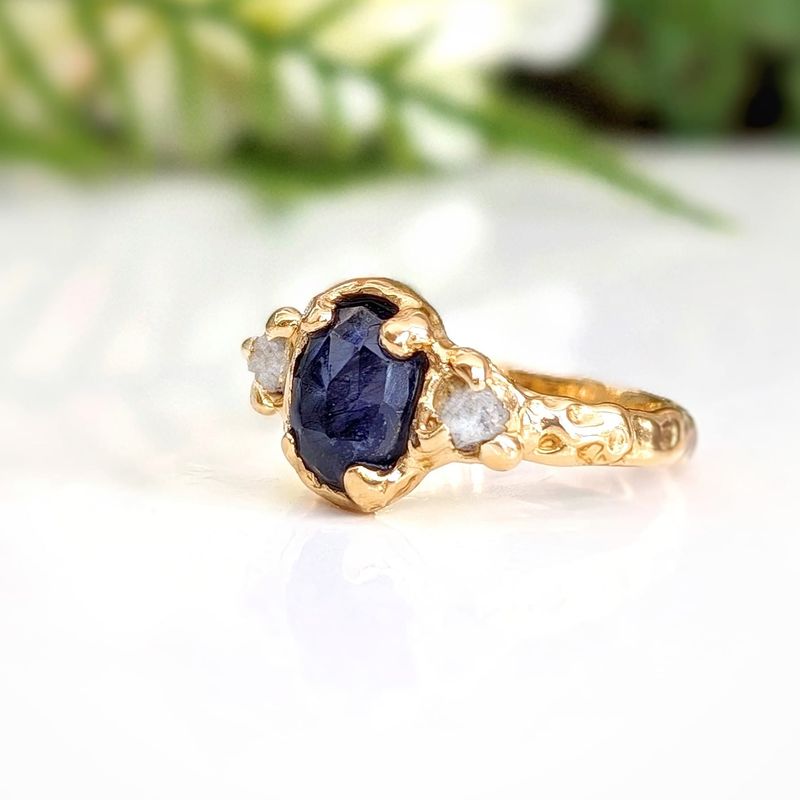 Blue Sapphire and diamond engagement ring - Solid 14k Gold textured ring