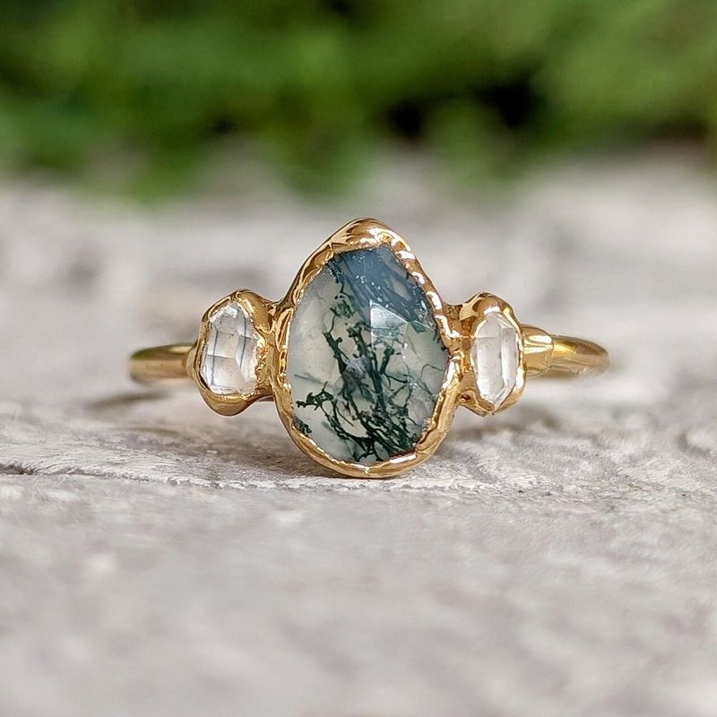 Moss Agate and Herkimer diamond engagement ring - Pear shape Moss Agate ring