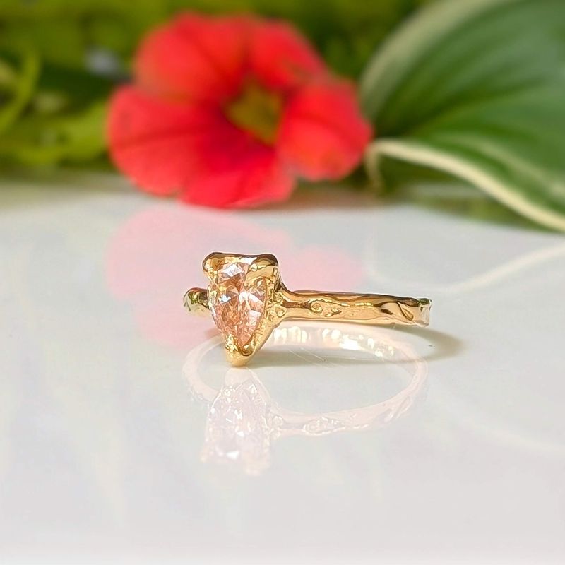 Peach Morganite textured ring in Solid 14k Gold