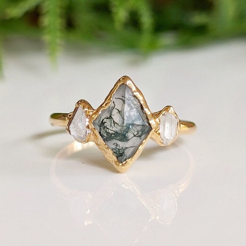 Moss Agate and Herkimer diamond engagement ring - Lozenge shape Moss Agate ring