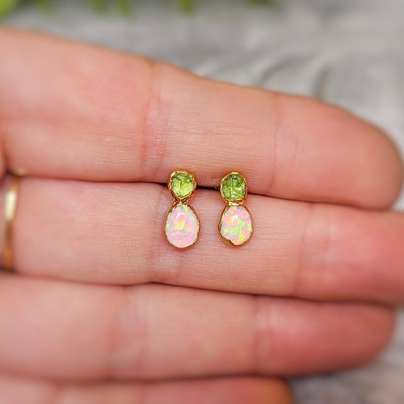 Raw Peridot and Opal stud earrings