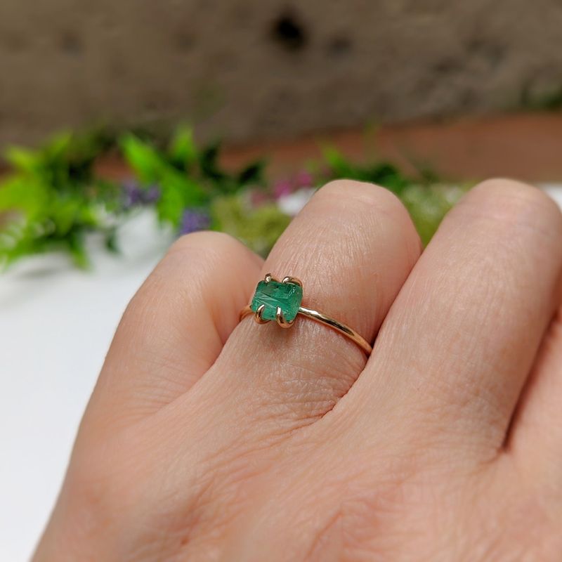 Raw Emerald solitaire ring in Solid 18k Gold