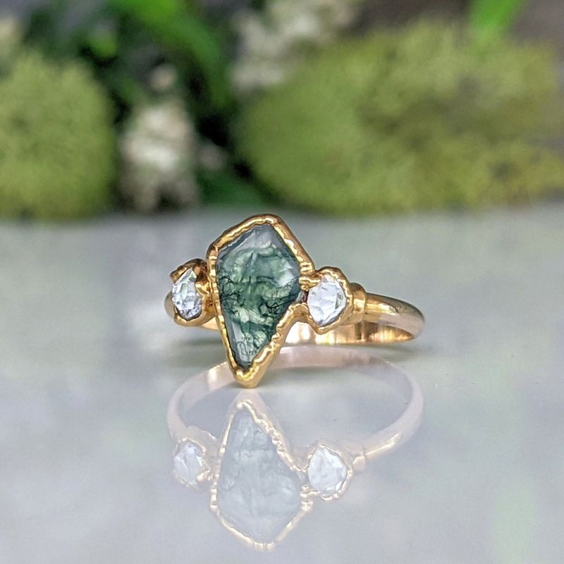 Moss Agate and Herkimer diamond ring