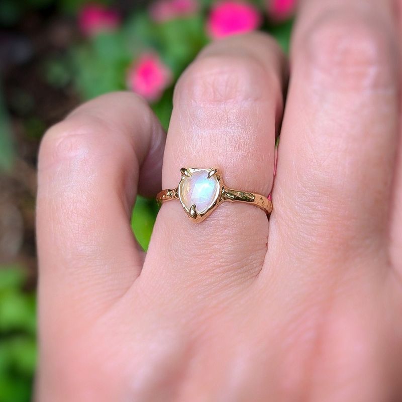Rainbow Moonstone textured ring in Solid 14k Gold