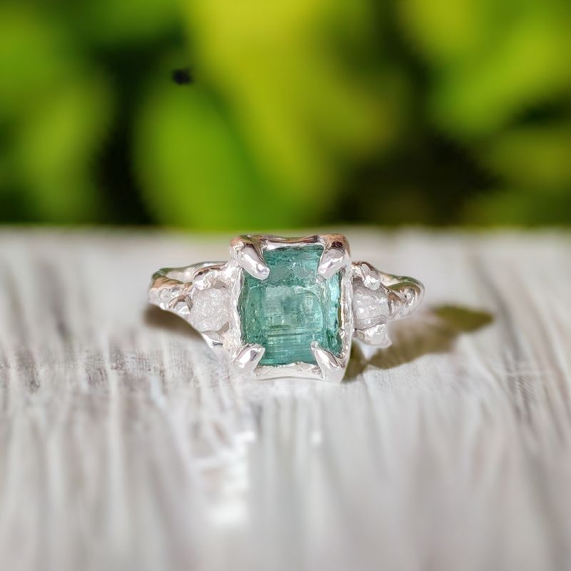 Raw Emerald and diamond engagement ring in Solid Sterling Silver