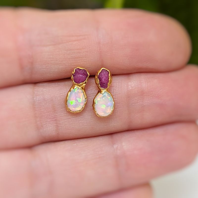 Raw Ruby and Opal stud earrings