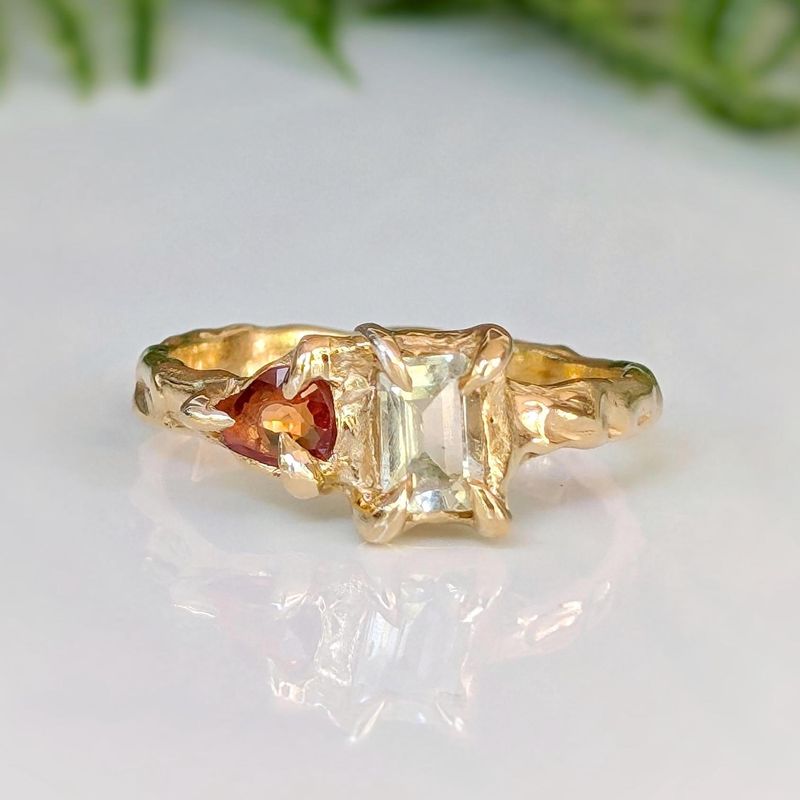 Heliodor and Orange Sapphire ring in Solid 14k Gold