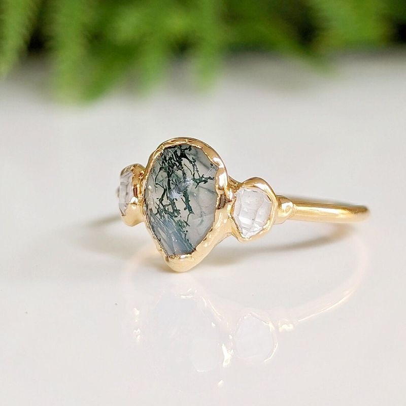 Moss Agate and Herkimer diamond engagement ring - Pear shape Moss Agate ring