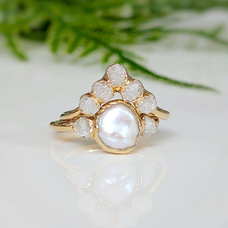 Freshwater Pearl and Raw Diamond Wedding ring set
