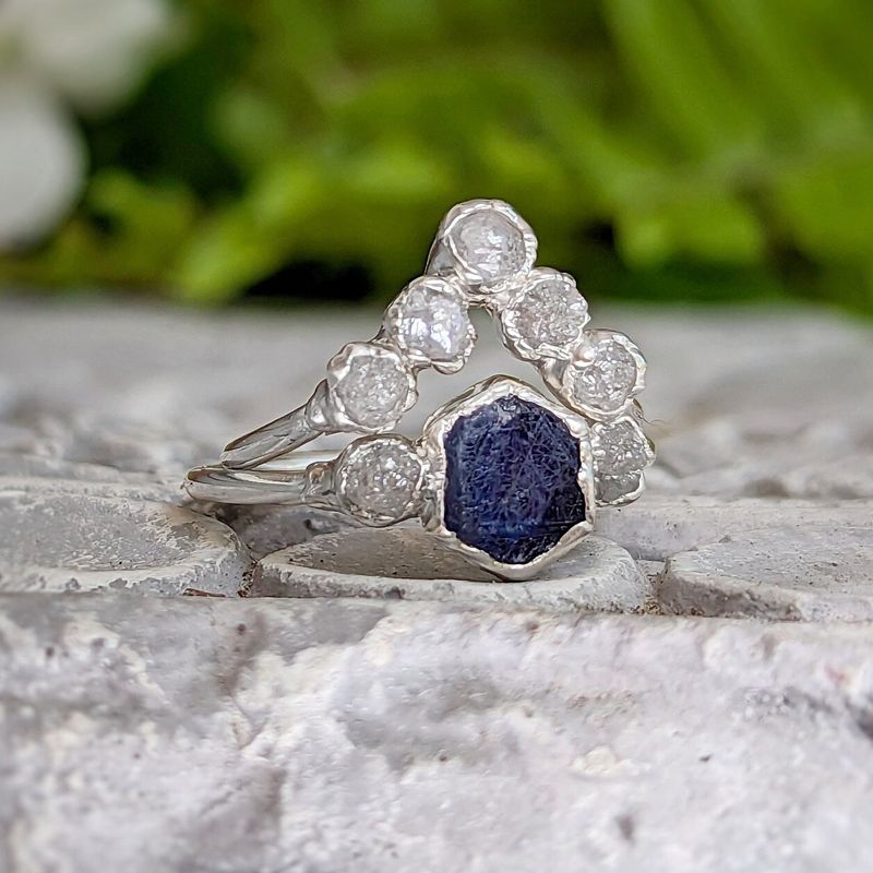 Raw Sapphire and diamond wedding ring set