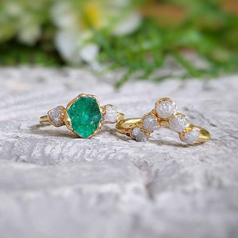 Raw Emerald and diamond Chevron bridal ring set