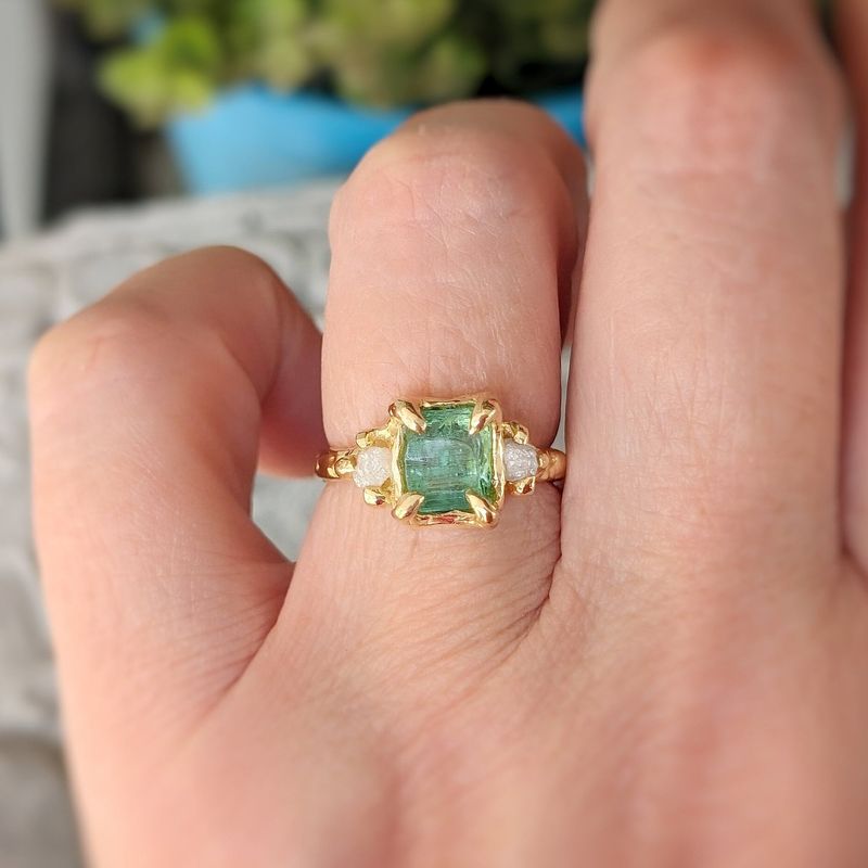 Raw Emerald and diamond engagement ring in Solid Sterling Silver