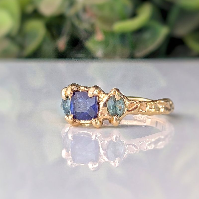 Blue Sapphire and Tourmaline engagement ring in Solid 14k Gold