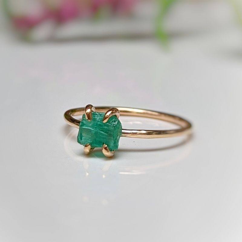 Raw Emerald solitaire ring in Solid 18k Gold