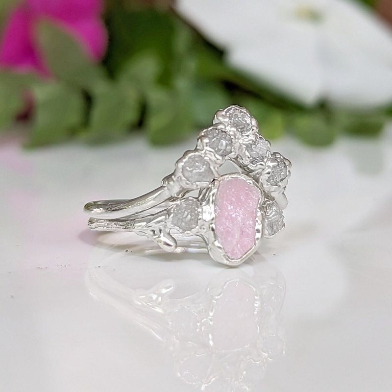Raw Pink Morganite and diamond wedding ring set