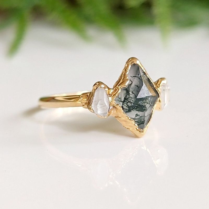 Moss Agate and Herkimer diamond engagement ring - Lozenge shape Moss Agate ring
