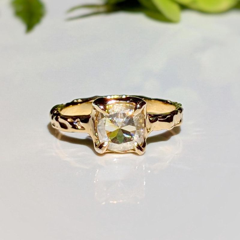 Moissanite engagement ring ~ Gold textured diamond ring