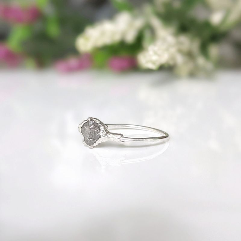 Raw uncut Grey diamond engagement ring