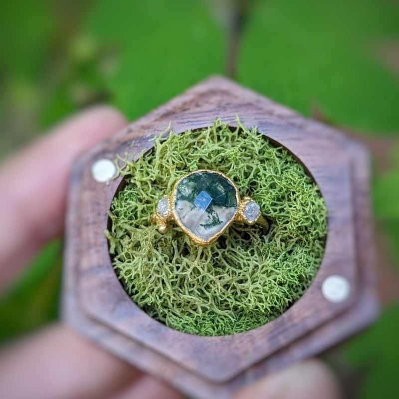 Moss Agate and raw diamond Gold Twig ring
