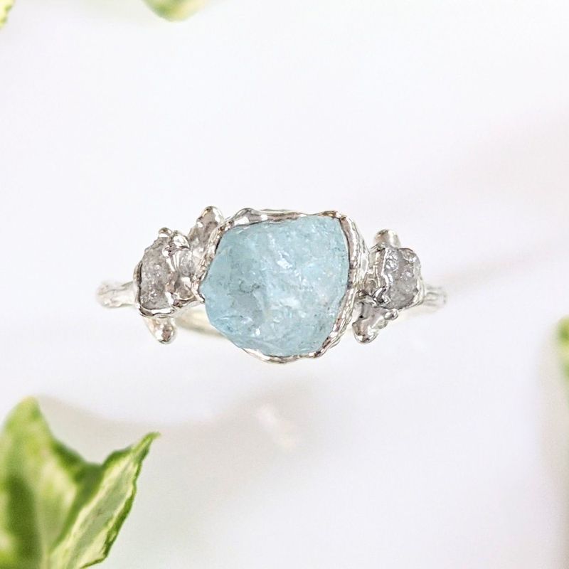 Bague brindille aigue-marine brute & diamants