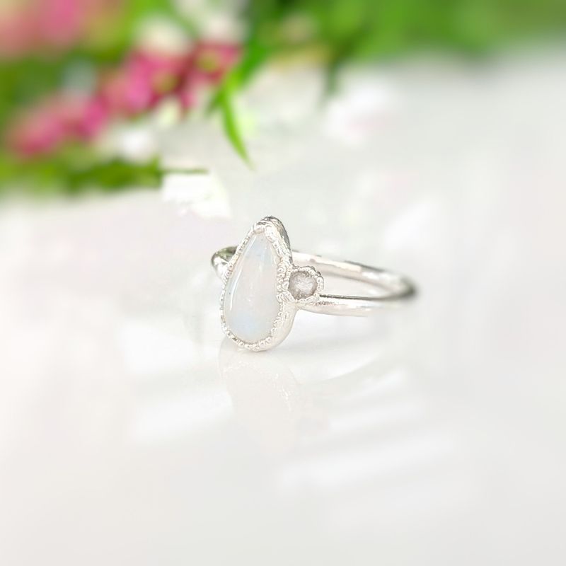 Rainbow Moonstone and raw diamond ring