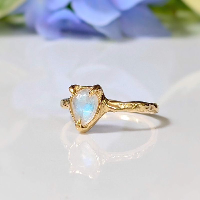 Rainbow Moonstone textured ring in Solid 14k Gold