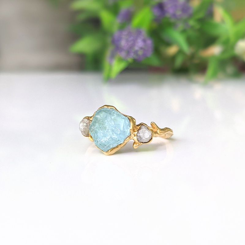 Bague brindille aigue-marine brute & diamants