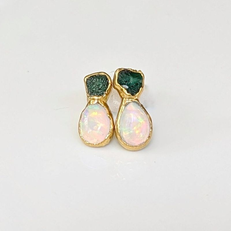 Raw Emerald and Opal stud earrings