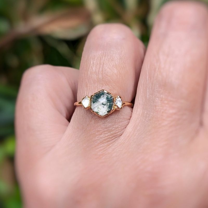 Moss Agate and Herkimer diamond engagement ring - Hexagon shape Moss Agate ring