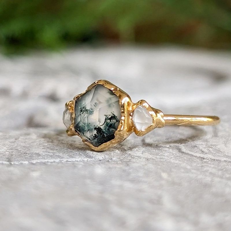 Moss Agate and Herkimer diamond engagement ring - Hexagon shape Moss Agate ring