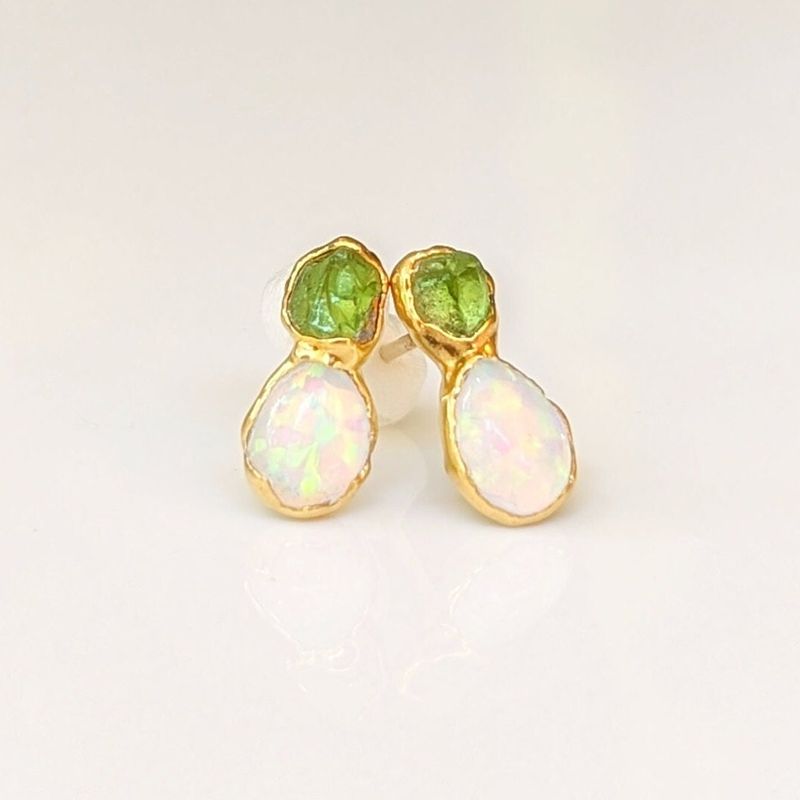 Raw Peridot and Opal stud earrings