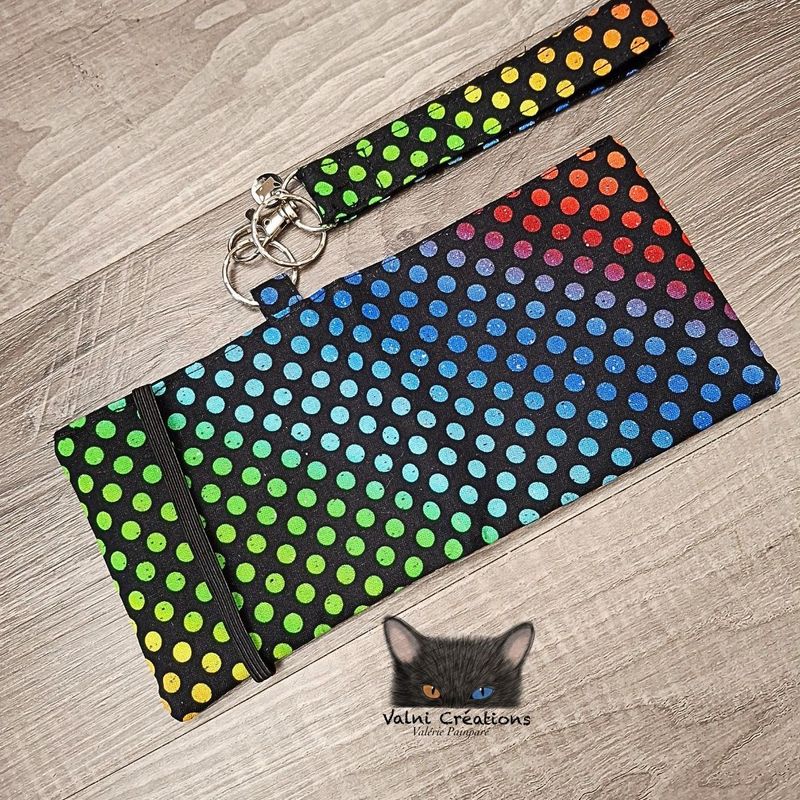 Ensemble Porte feuilles, ensemble porte clés, Porte Cartes, Avec élastique, Pois colorés, faitmain