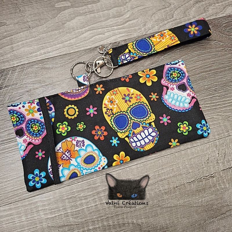 Ensemble Porte feuilles, ensemble porte clés, Porte Cartes, Avec élastique, Halloween, Sugar Skull