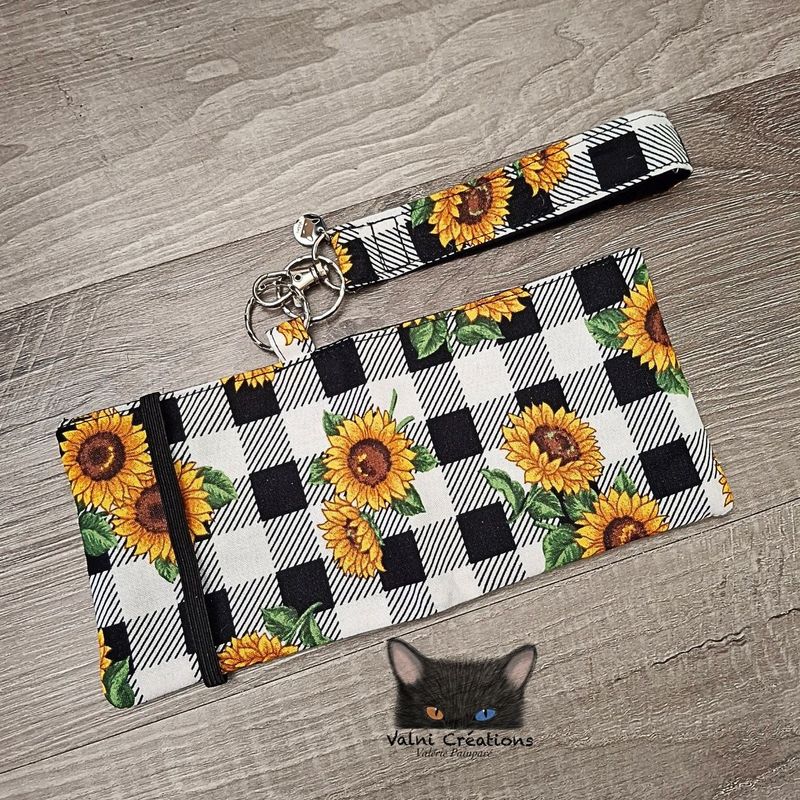 Ensemble Porte feuilles, ensemble porte clés, Porte Cartes, Avec élastique, tournesol, fait main