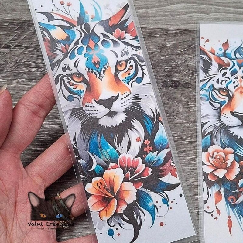Marque Page, Signet, Félin, Chat, Fleur, Carton, Plastifié, fait à la main