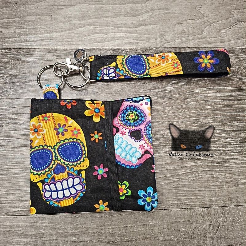 Ensemble Porte feuilles, ensemble porte clés, Porte Cartes, Avec élastique, Halloween, Sugar Skull