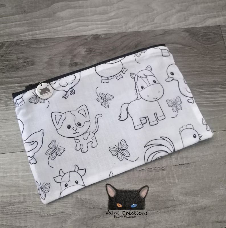 Coloriage, Étui à crayons, pochette, trousse à crayons, étui pour enfants, animaux ferme, coton 100%