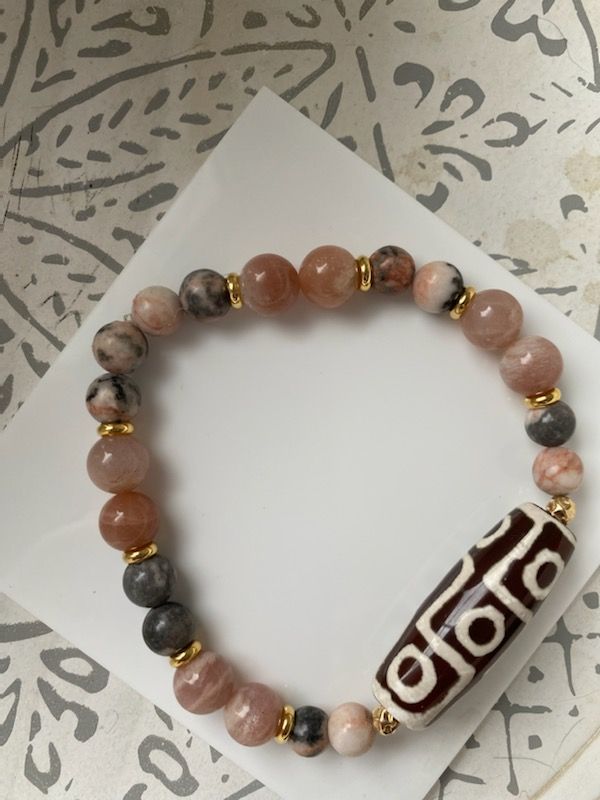Bracelet de jaspe de zèbre rose et pierre de soleil