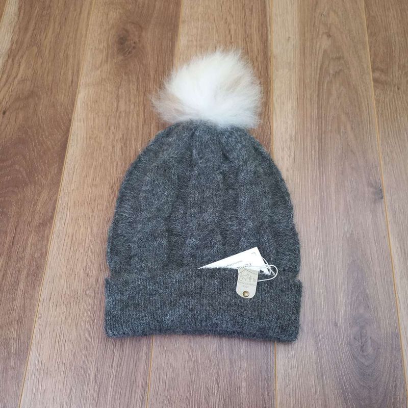 Tuque pour femme en alpaga avec pompon de fourrure - Charbon